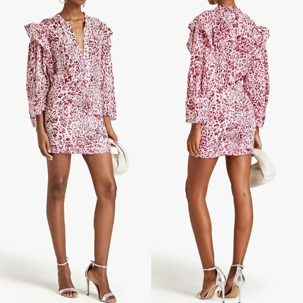 NEW IRO Paris Gira Leopard Print Ruffled Ruched Mini Dress Size 6